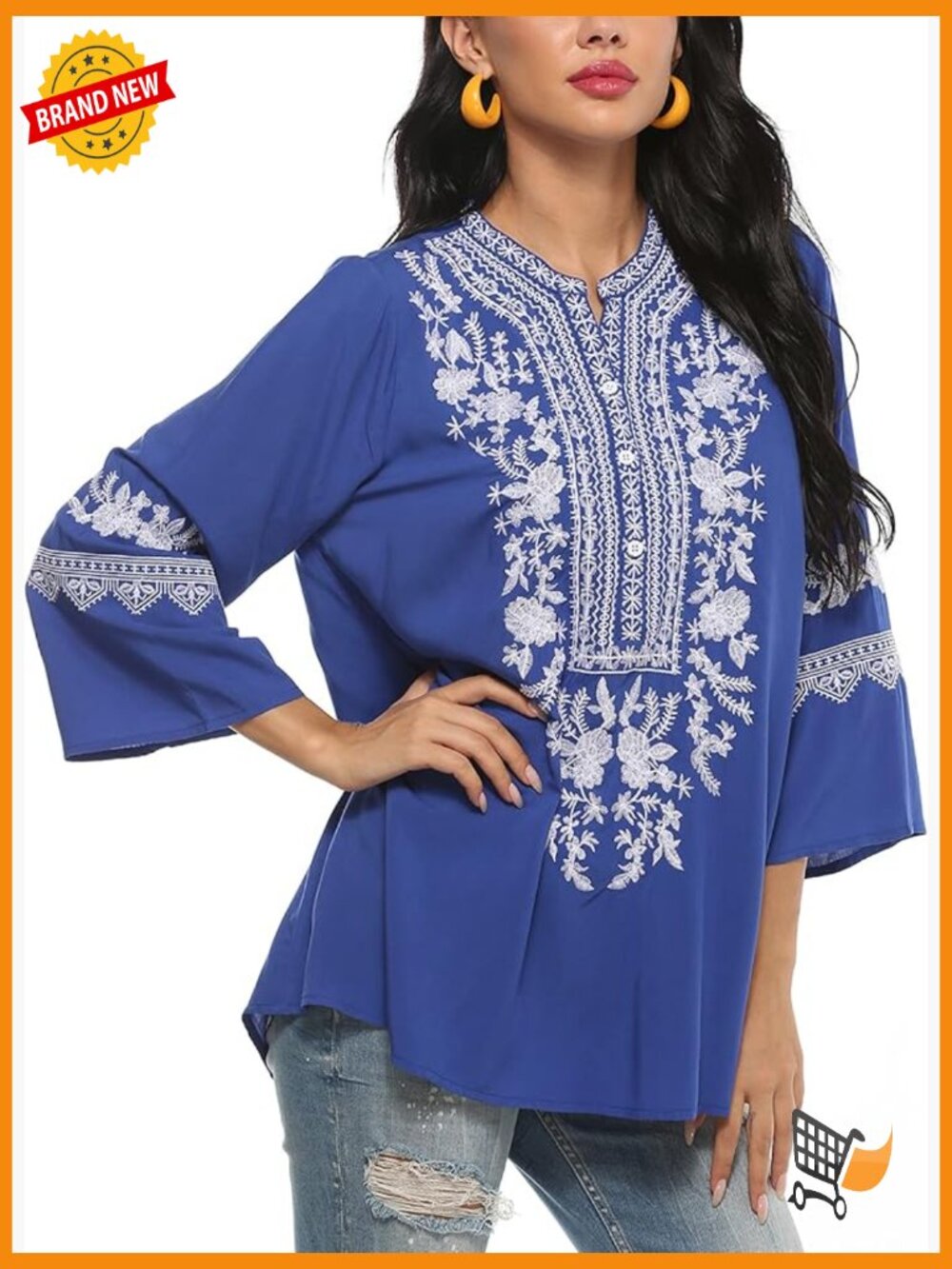 Plus Size Embroidered Boho Peasant Tunic 3/4 Sleeve Flowy Blouse Women